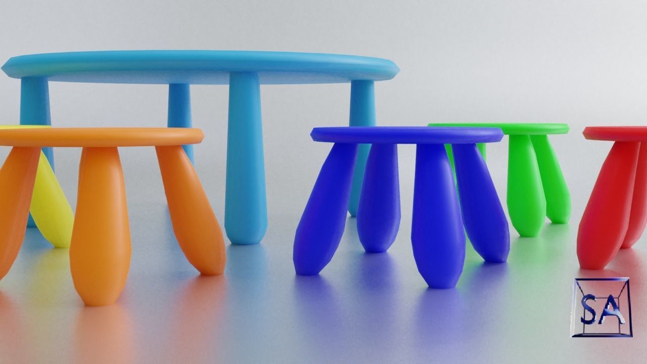 Round Table and Stools for Children Low-poly 3D model_34