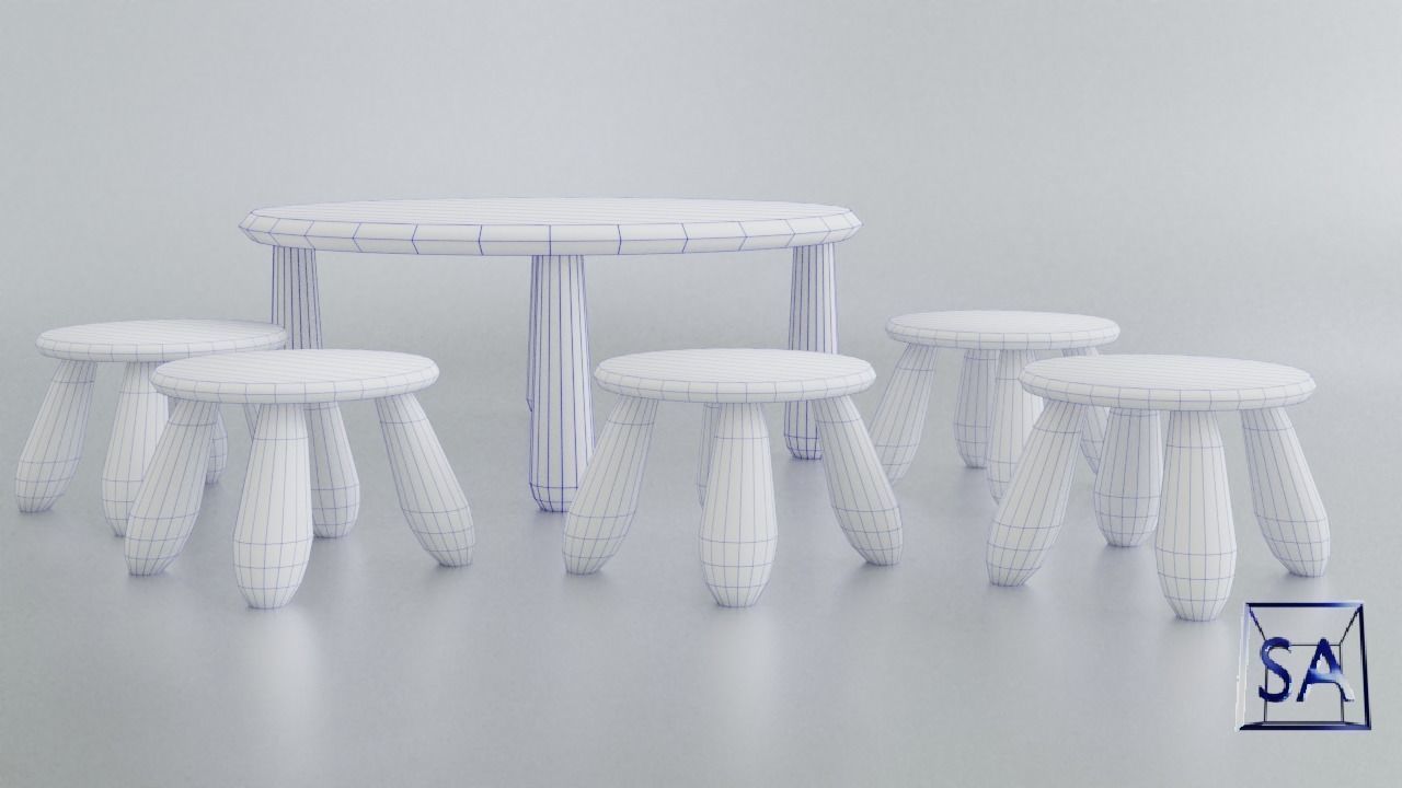 Round Table and Stools for Children Low-poly 3D model_37