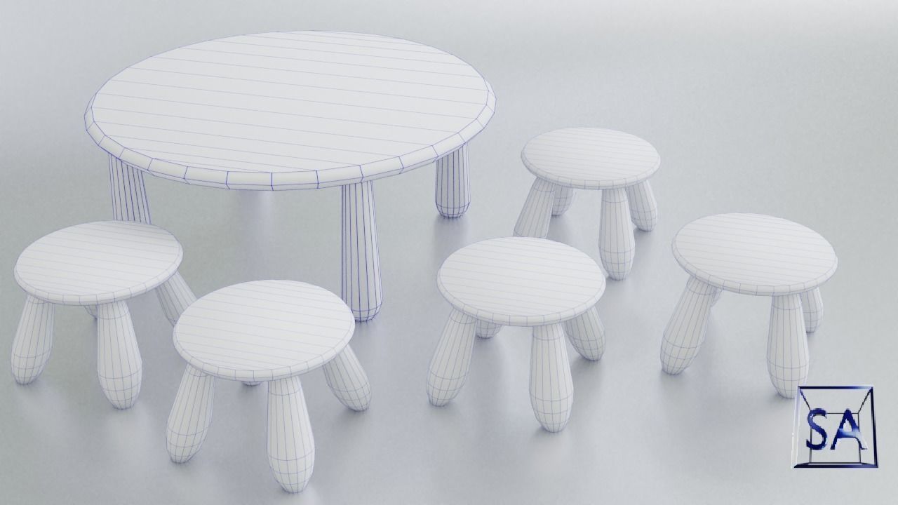 Round Table and Stools for Children Low-poly 3D model_40
