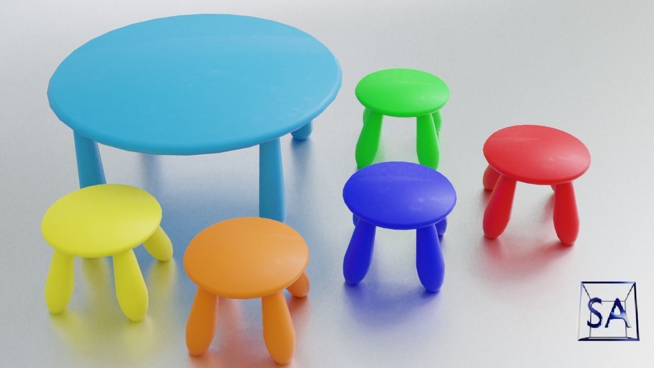 Round Table and Stools for Children Low-poly 3D model_30