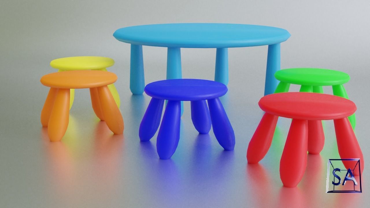 Round Table and Stools for Children Low-poly 3D model_32