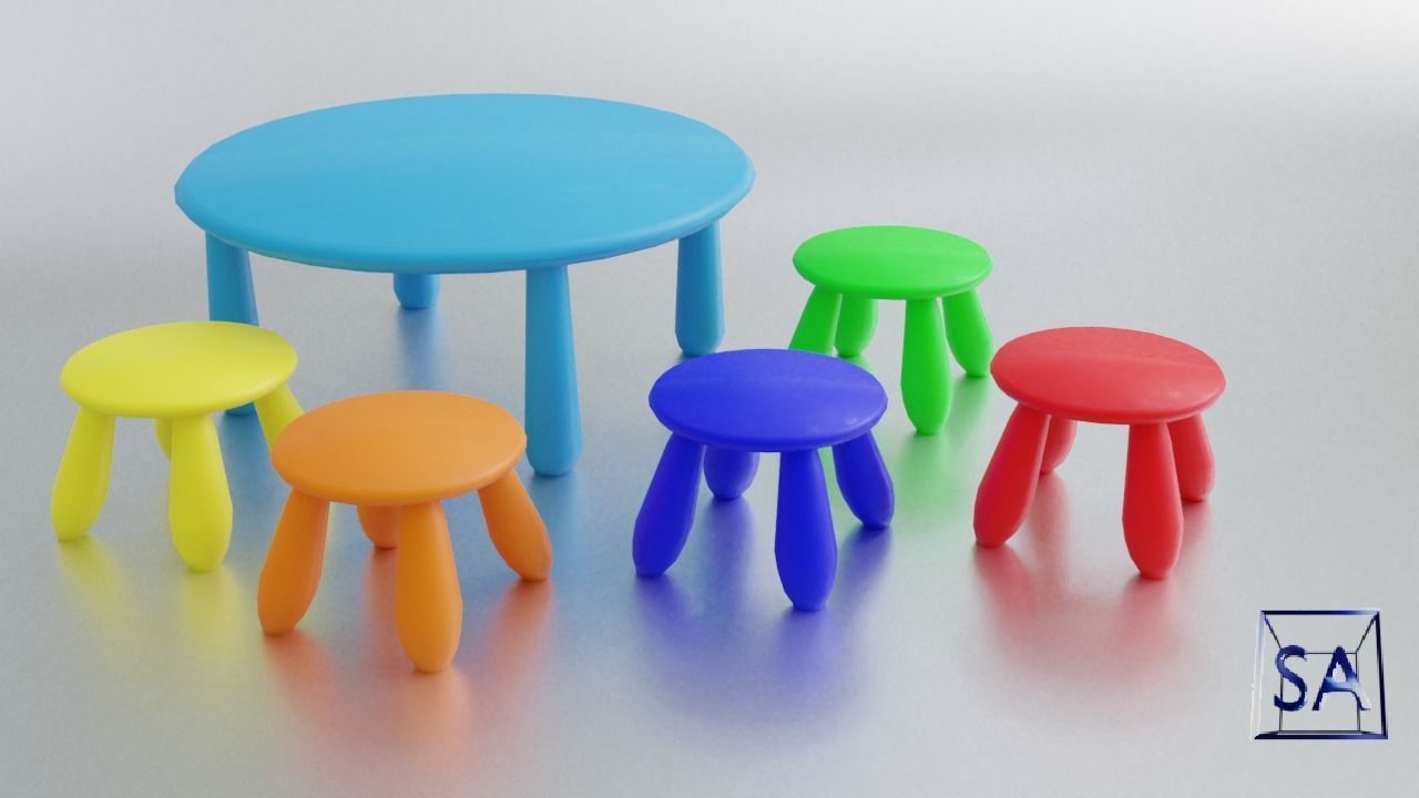 Round Table and Stools for Children Low-poly 3D model_27