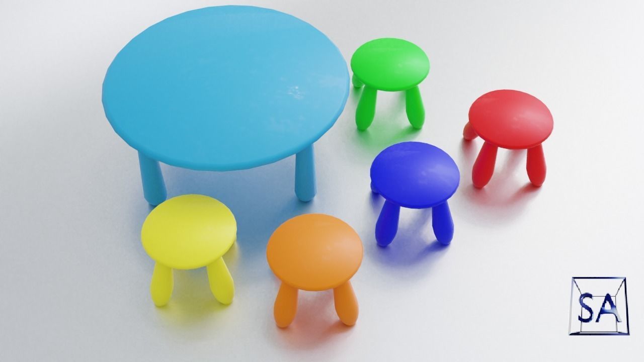 Round Table and Stools for Children Low-poly 3D model_13