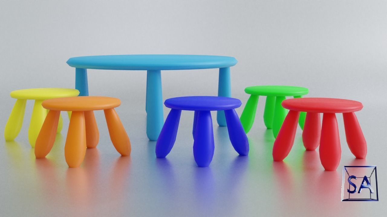 Round Table and Stools for Children Low-poly 3D model_2