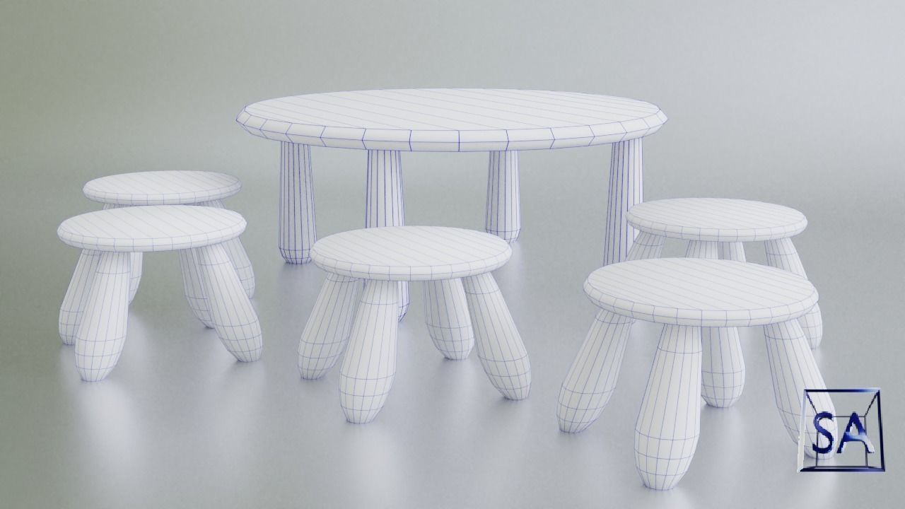 Round Table and Stools for Children Low-poly 3D model_36