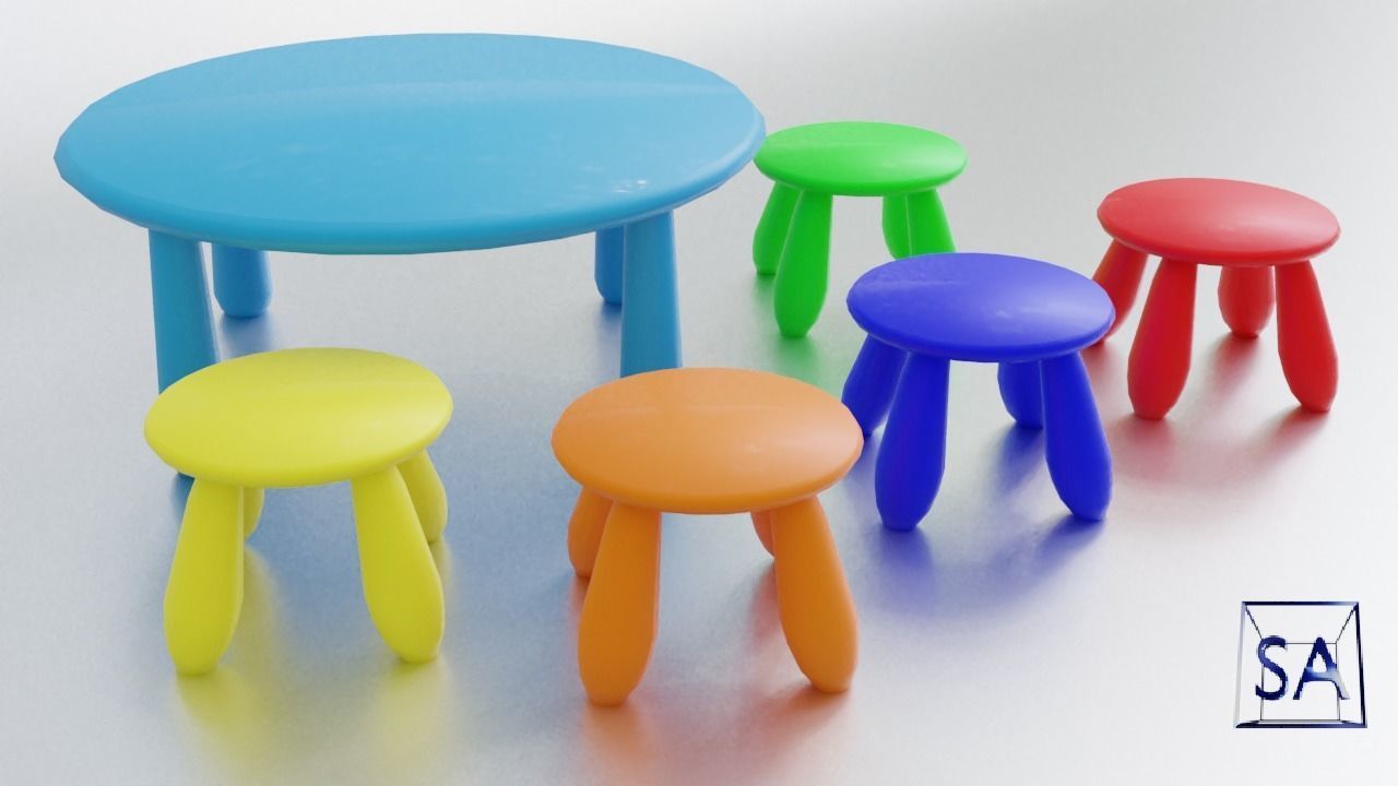 Round Table and Stools for Children Low-poly 3D model_14