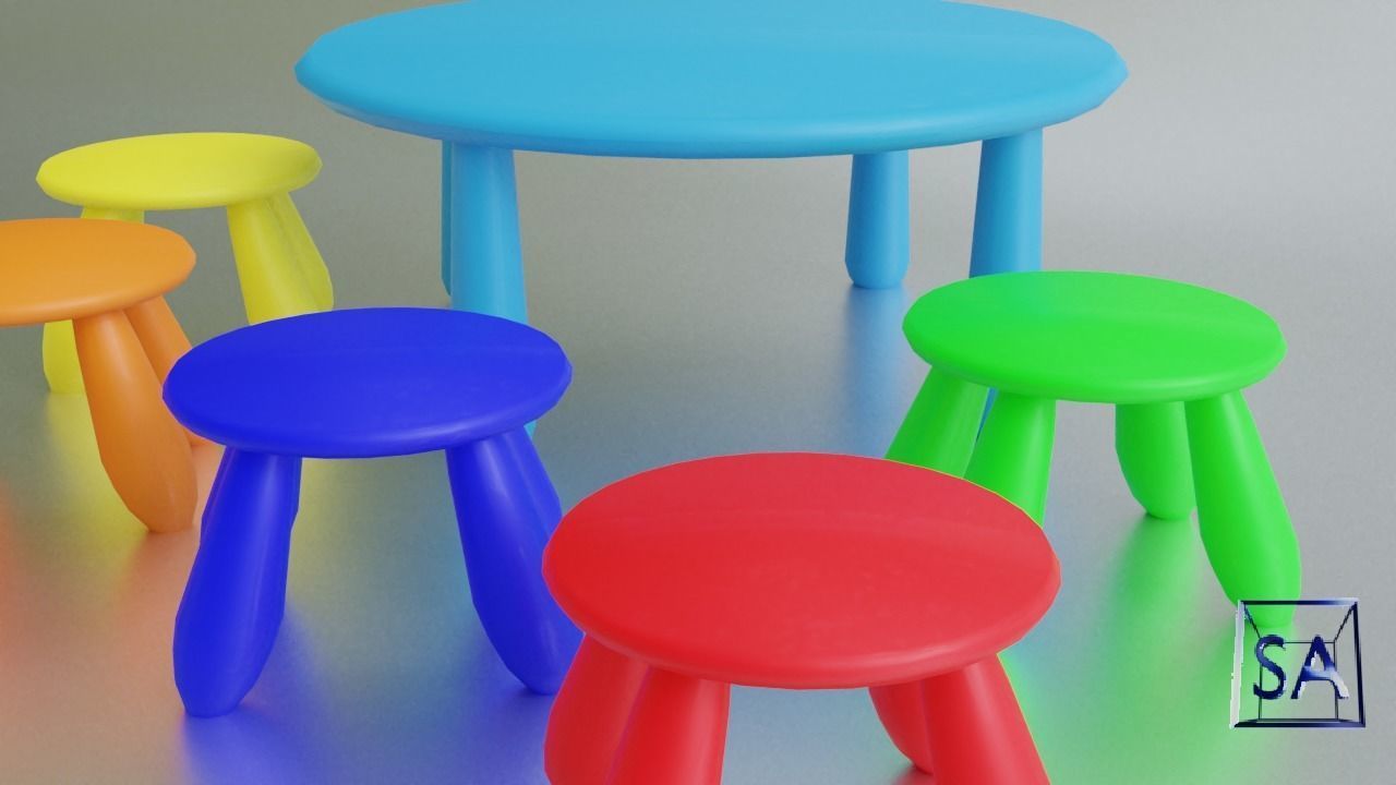 Round Table and Stools for Children Low-poly 3D model_28