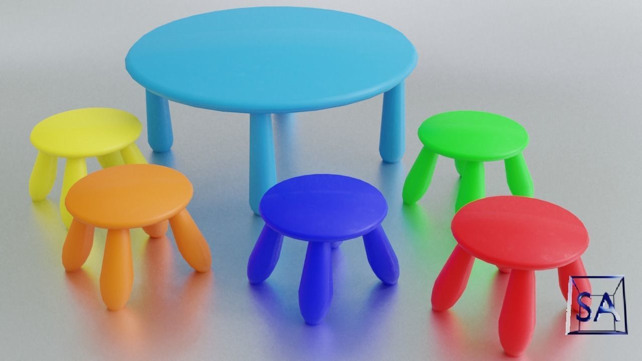 Round Table and Stools for Children Low-poly 3D model_8