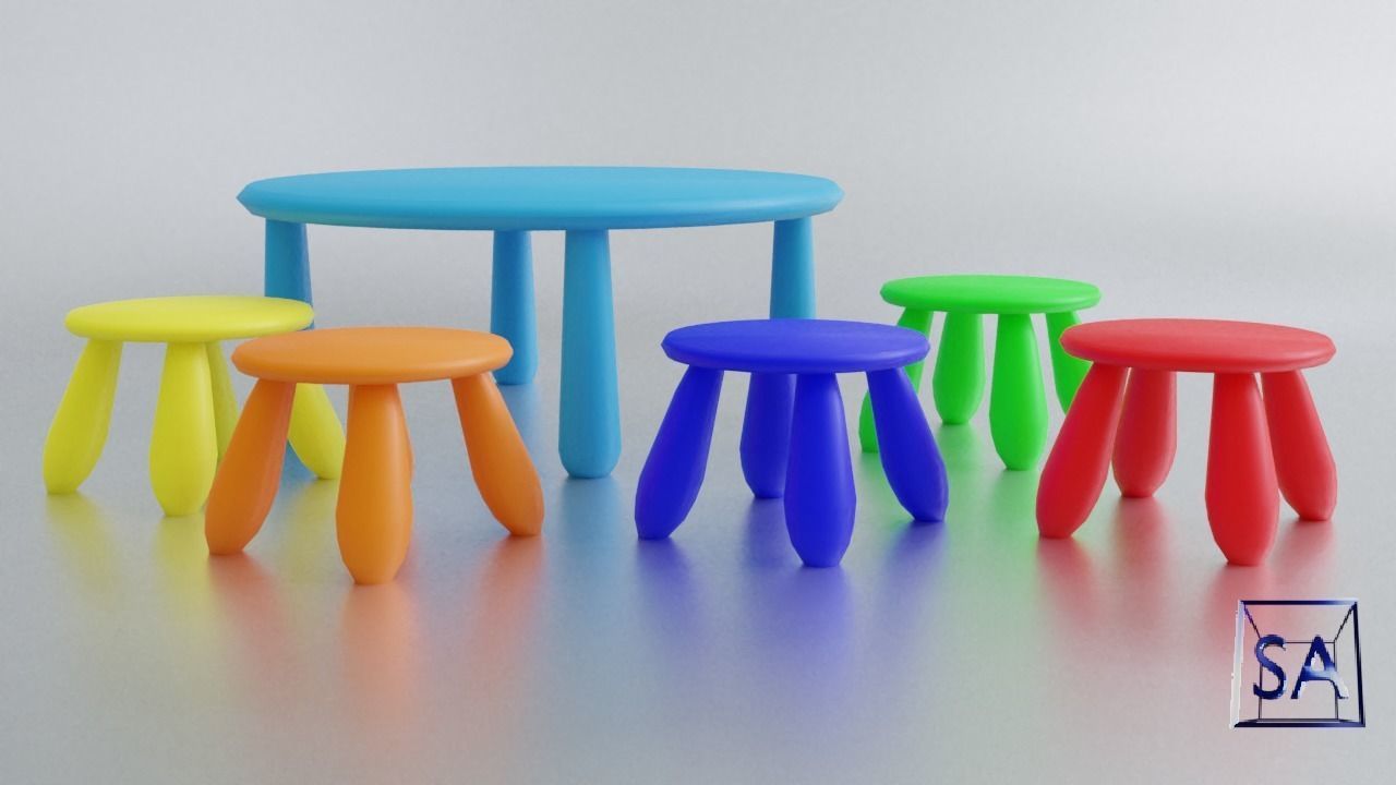 Round Table and Stools for Children Low-poly 3D model_11