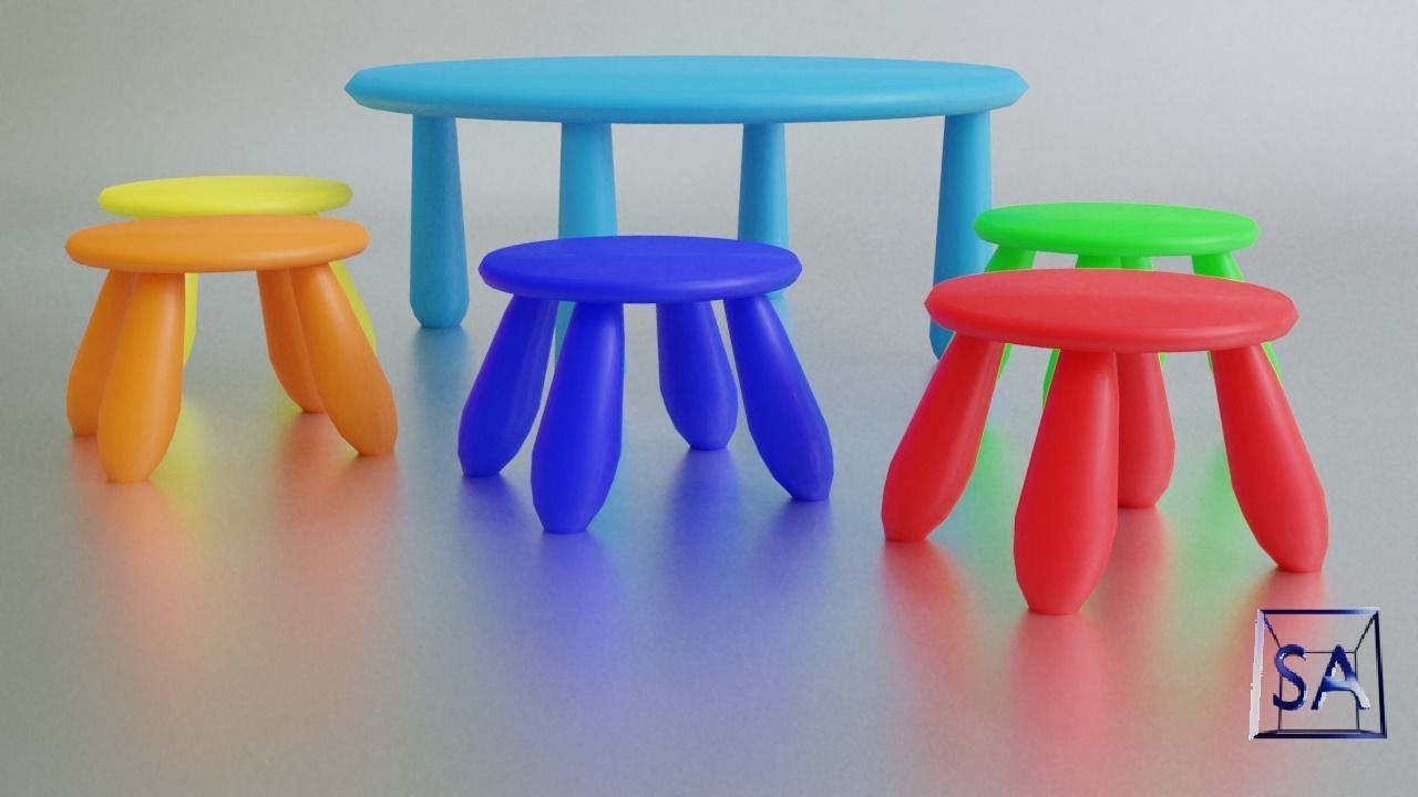 Round Table and Stools for Children Low-poly 3D model_15