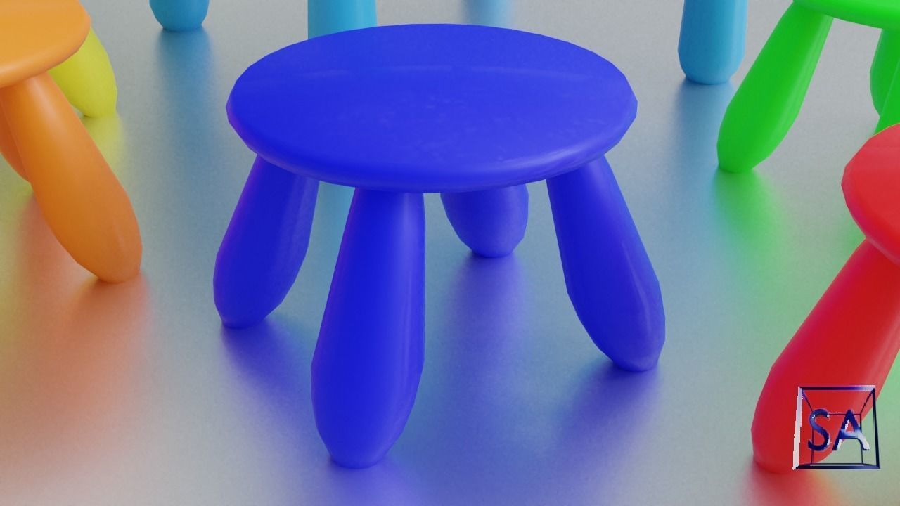 Round Table and Stools for Children Low-poly 3D model_21