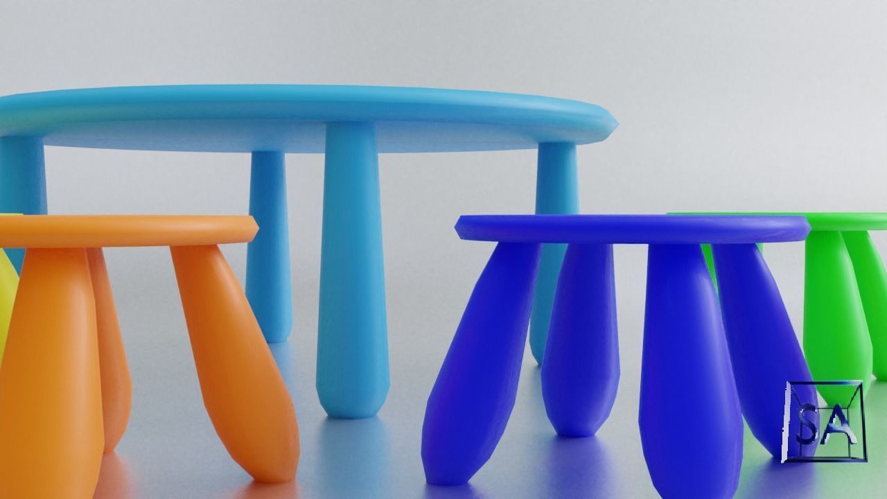 Round Table and Stools for Children Low-poly 3D model_31