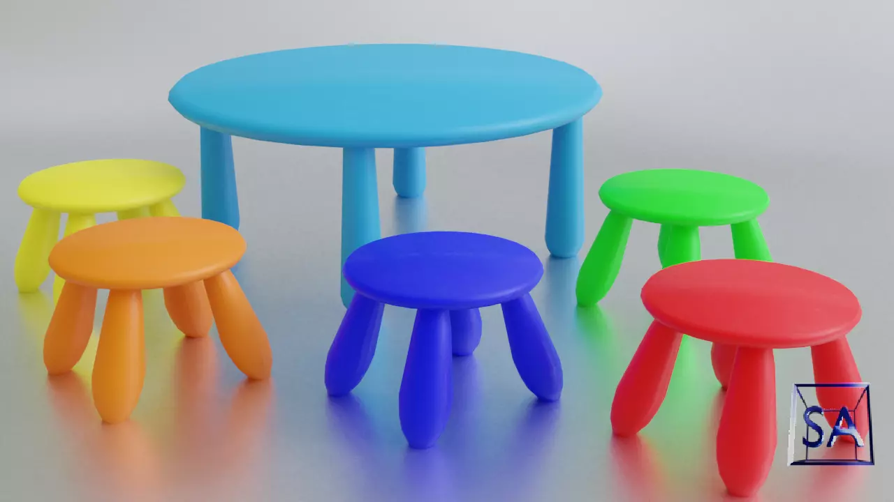 Round Table and Stools for Children Low-poly 3D model_0