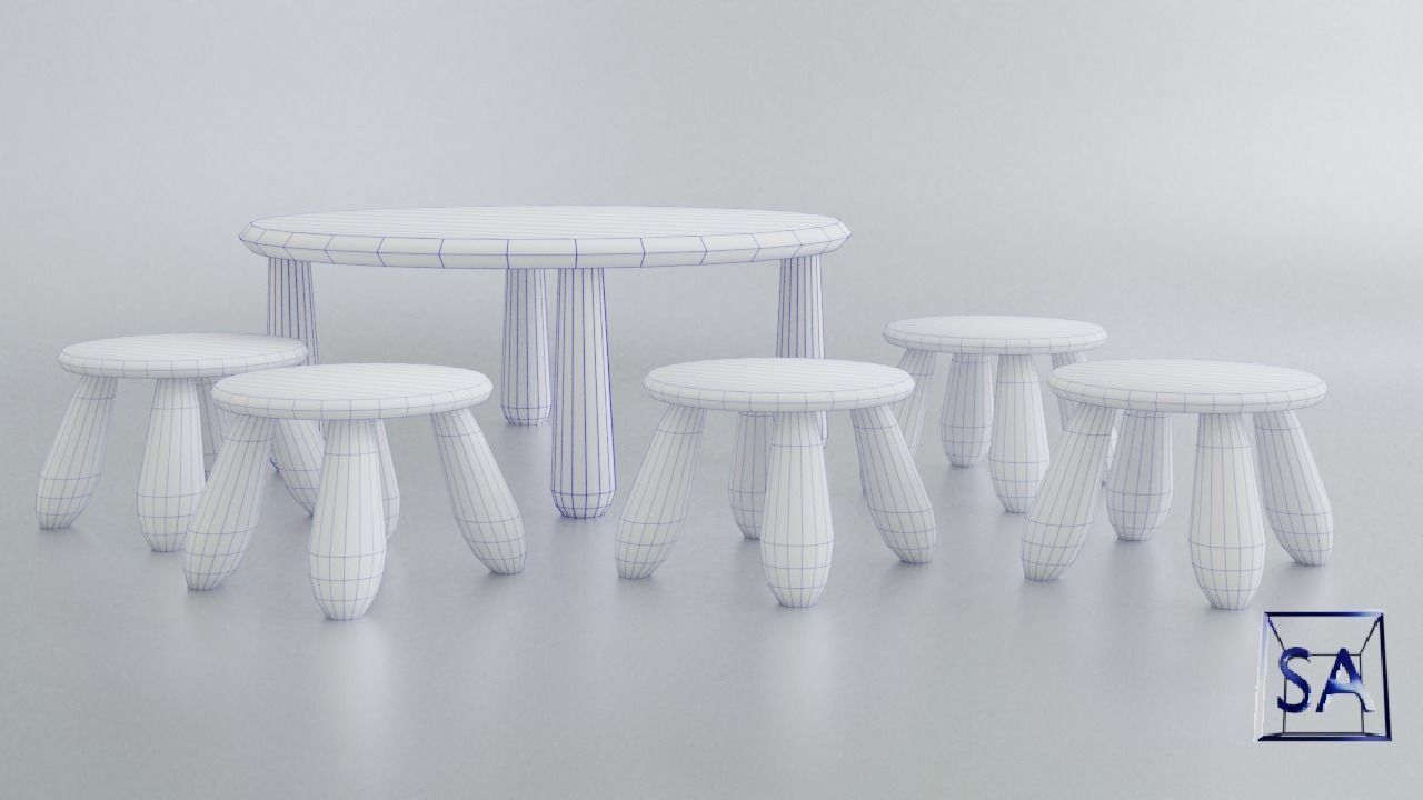 Round Table and Stools for Children Low-poly 3D model_39