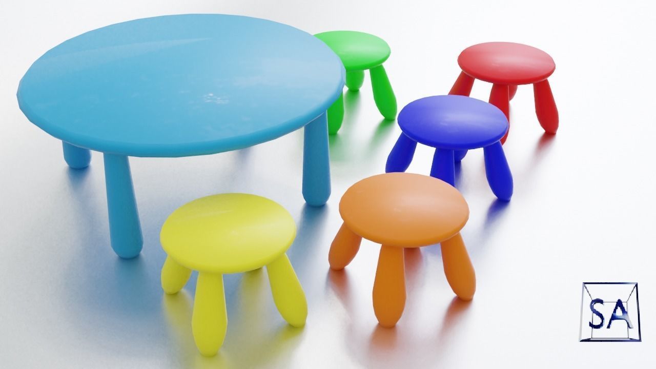 Round Table and Stools for Children Low-poly 3D model_33