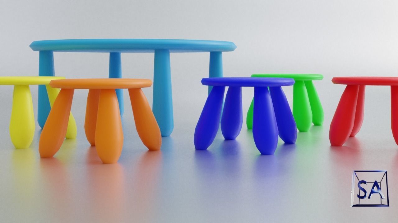 Round Table and Stools for Children Low-poly 3D model_29