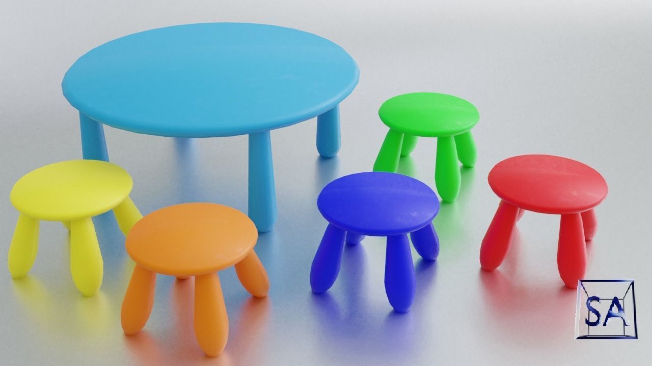 Round Table and Stools for Children Low-poly 3D model_10