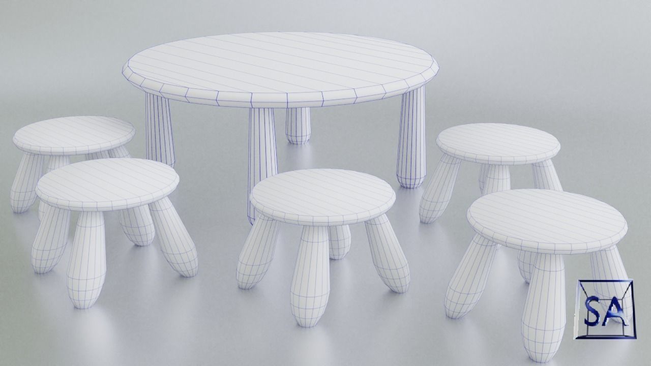 Round Table and Stools for Children Low-poly 3D model_35