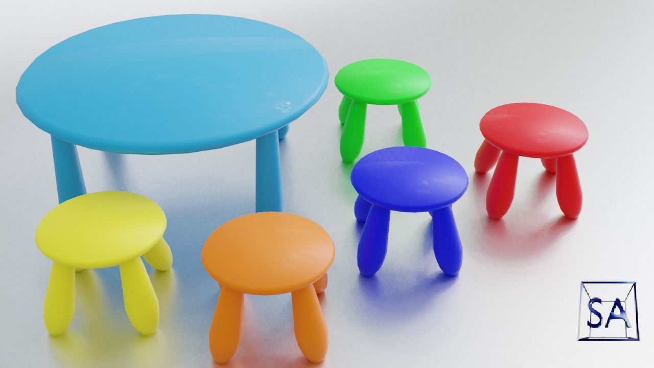 Round Table and Stools for Children Low-poly 3D model_12