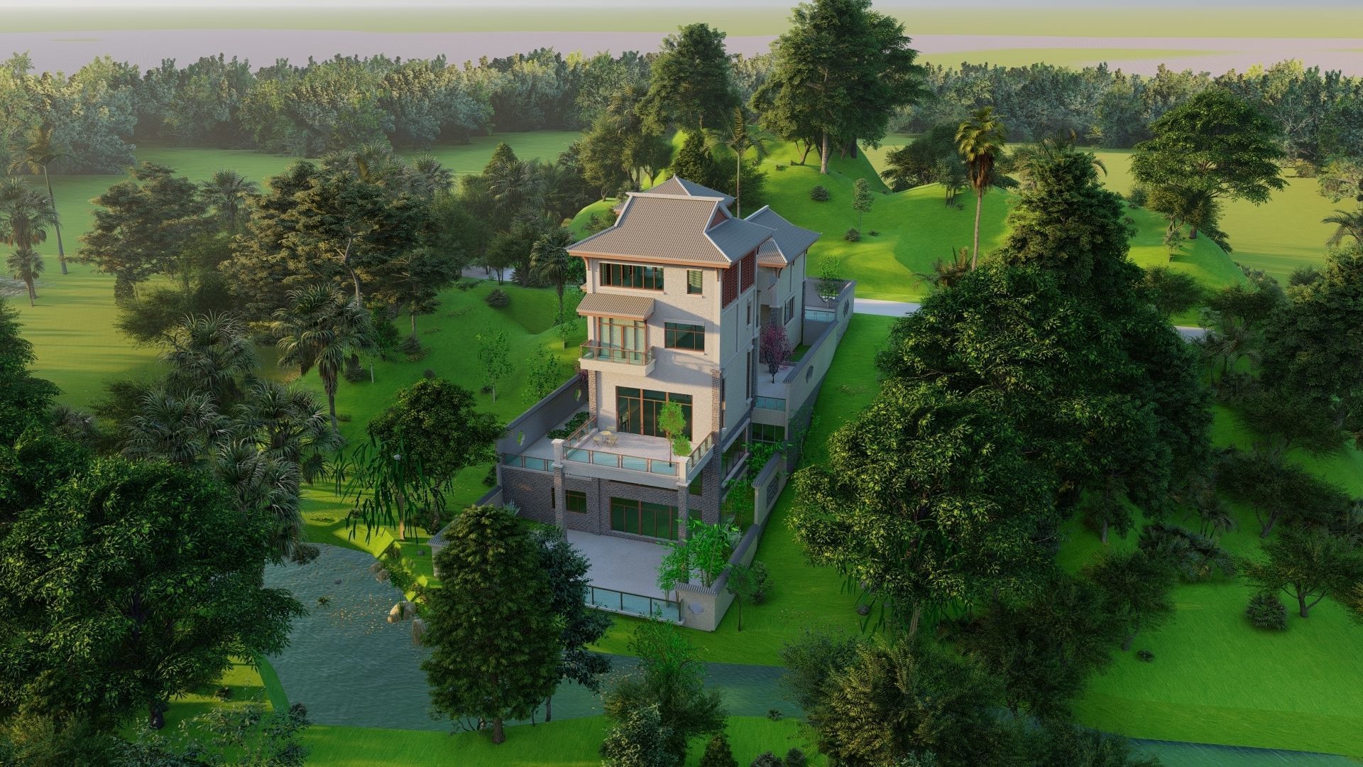 A Chinese style villa built on the mountain 3D model_3