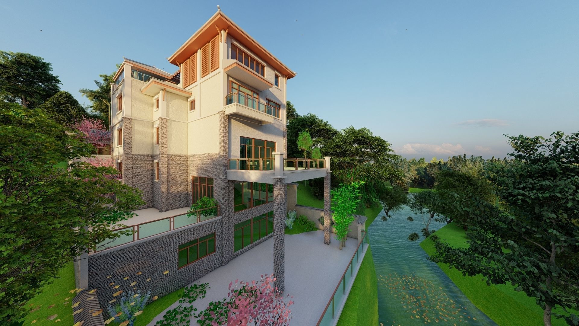 A Chinese style villa built on the mountain 3D model_2