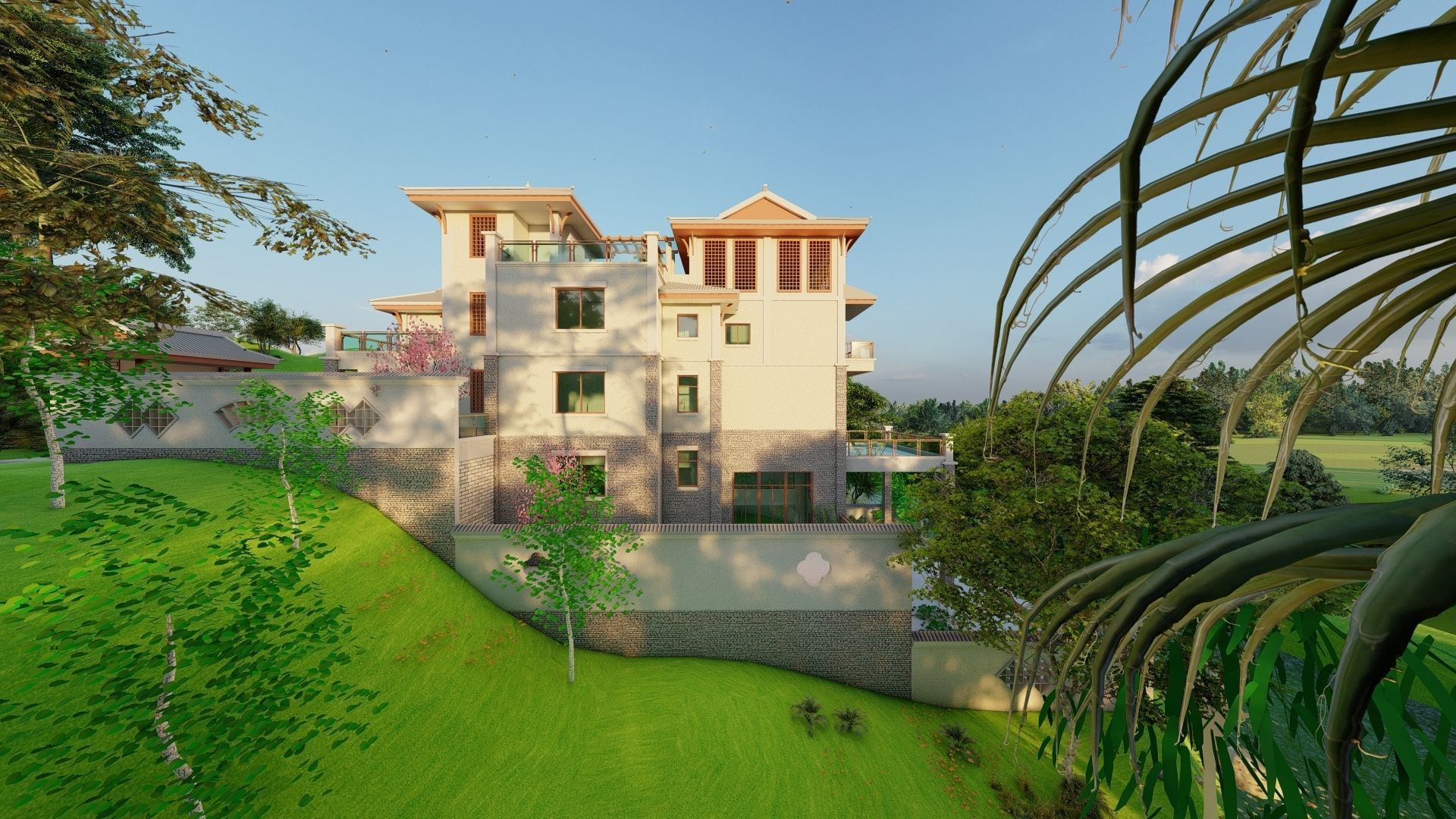 A Chinese style villa built on the mountain 3D model_1