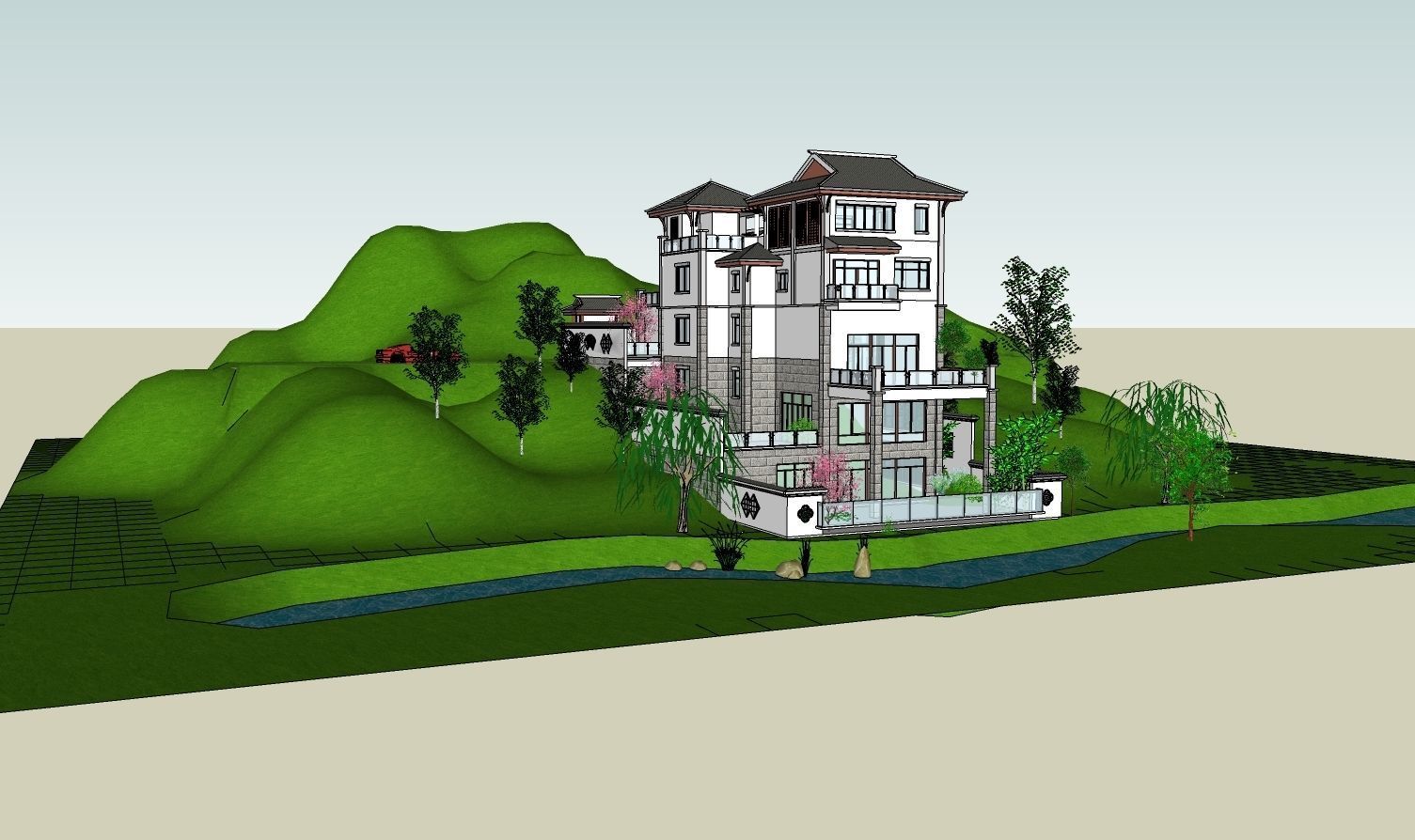 A Chinese style villa built on the mountain 3D model_4