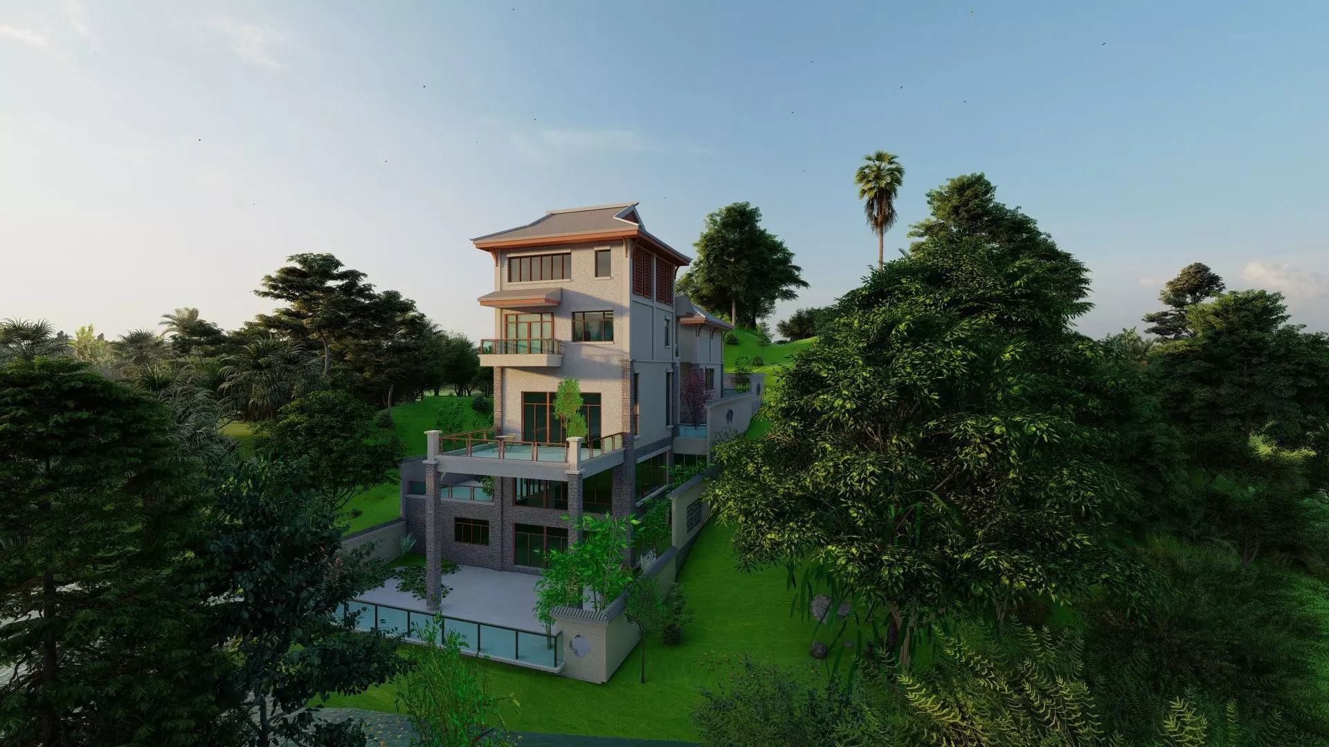 A Chinese style villa built on the mountain 3D model_0