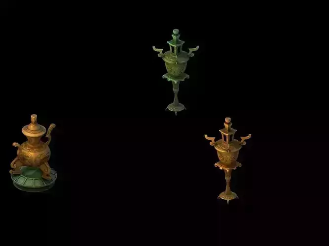 martial art bronze lamp and small incense burner