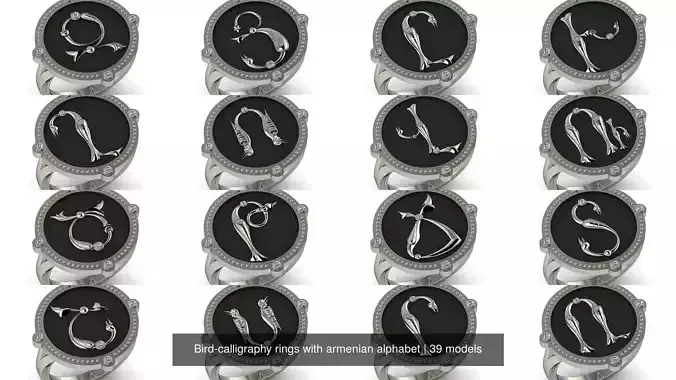 Bird-calligraphy rings with armenian alphabet 3D Model Collection