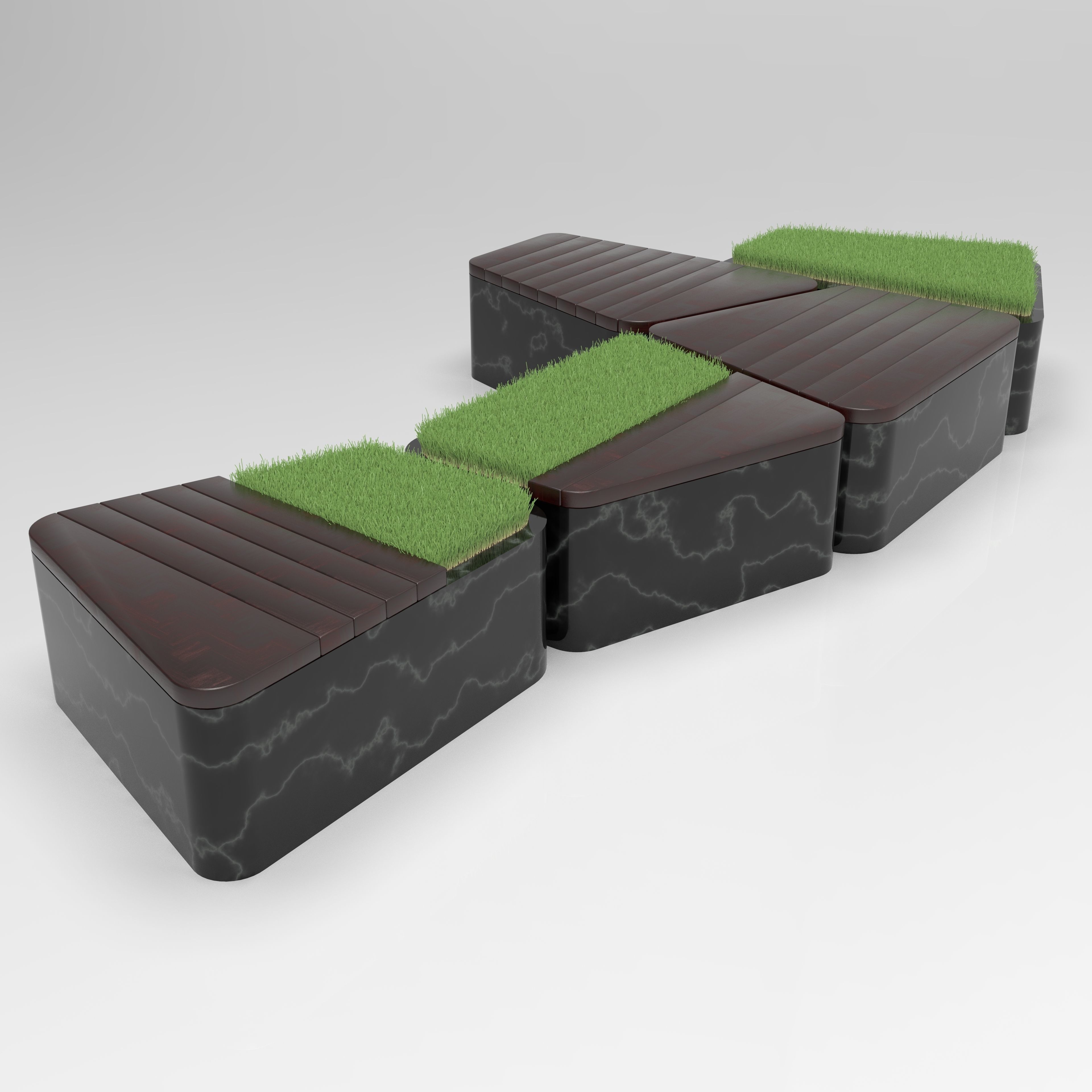 Park granite vases-bench with wooden floorings 3D model_1
