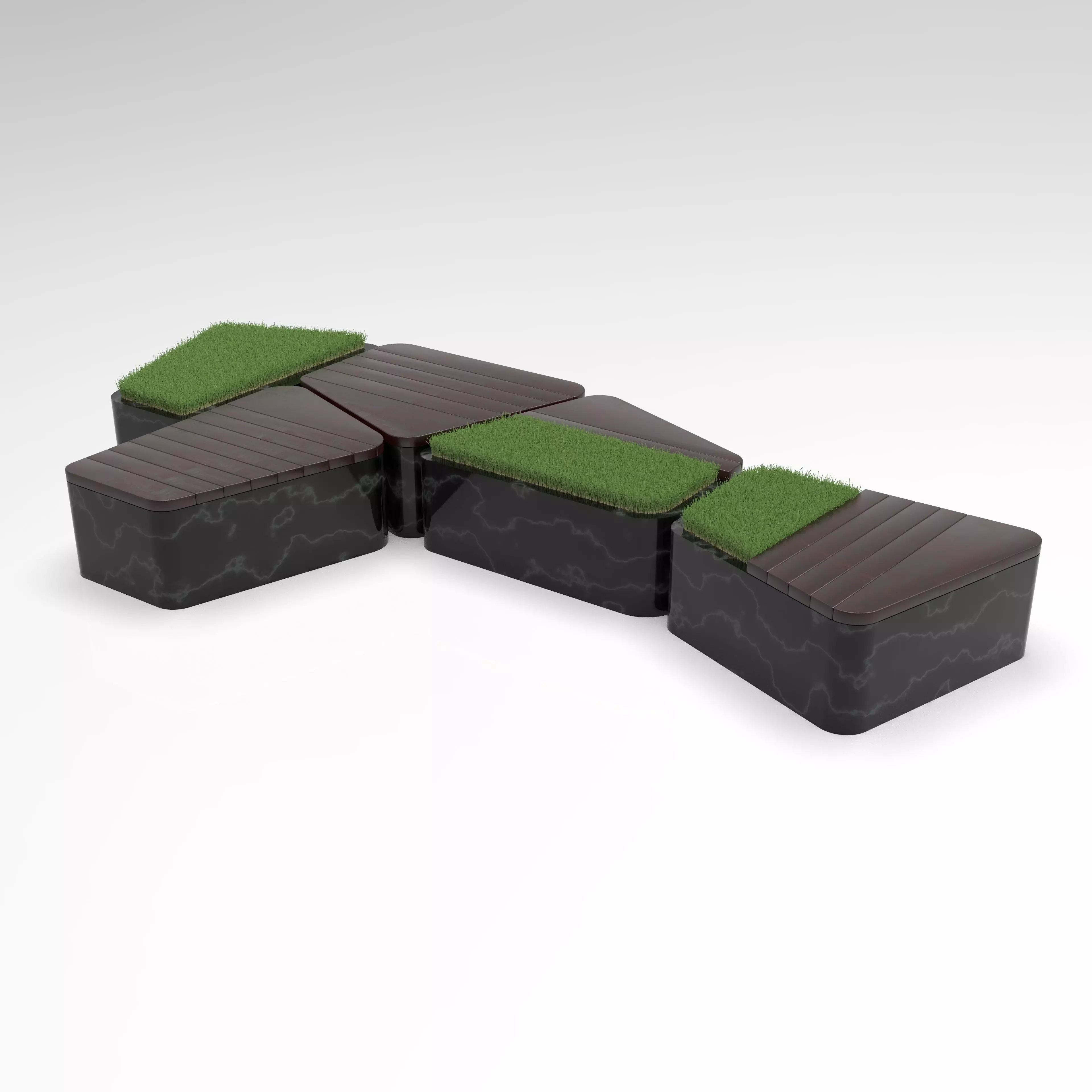 Park granite vases-bench with wooden floorings 3D model_0