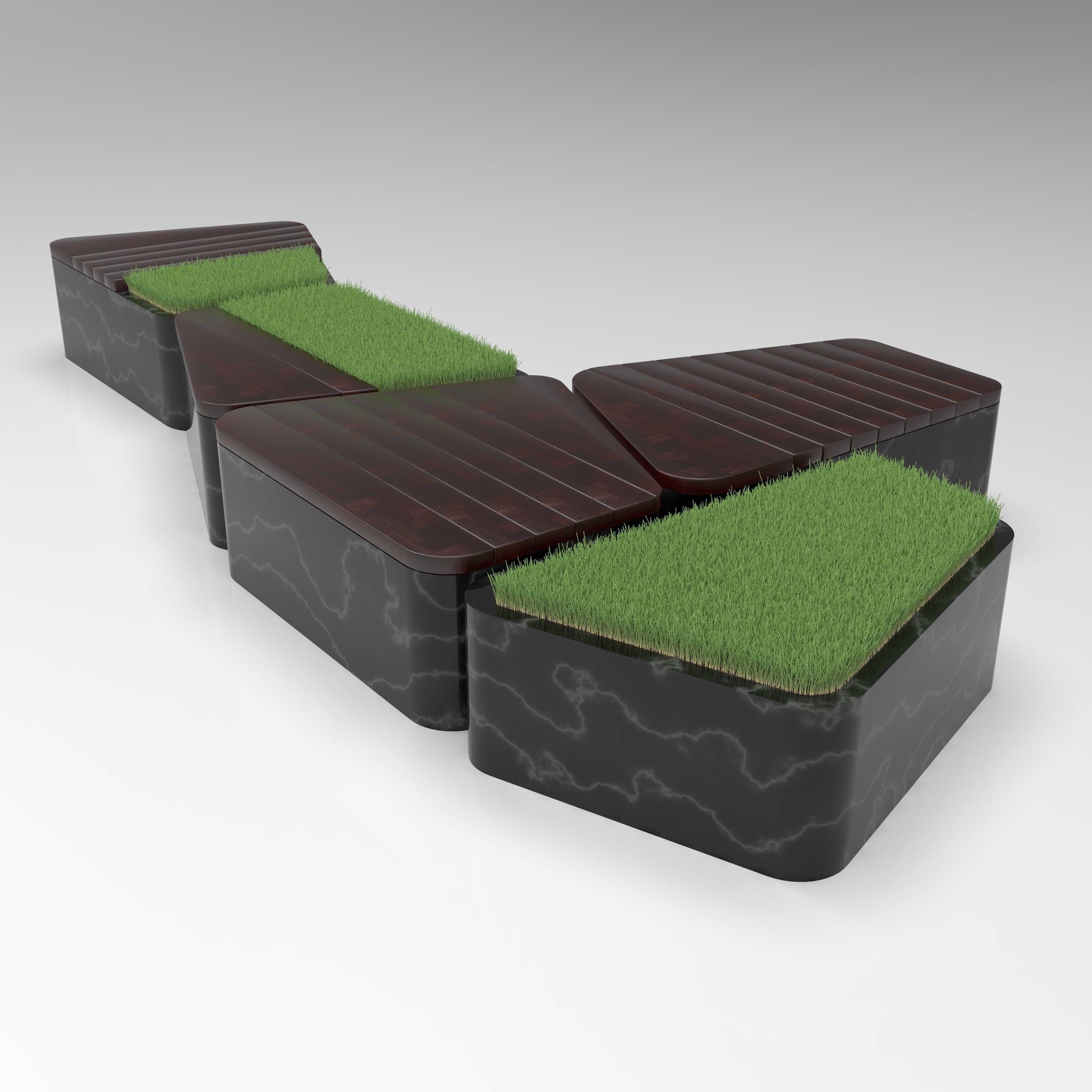 Park granite vases-bench with wooden floorings 3D model_2