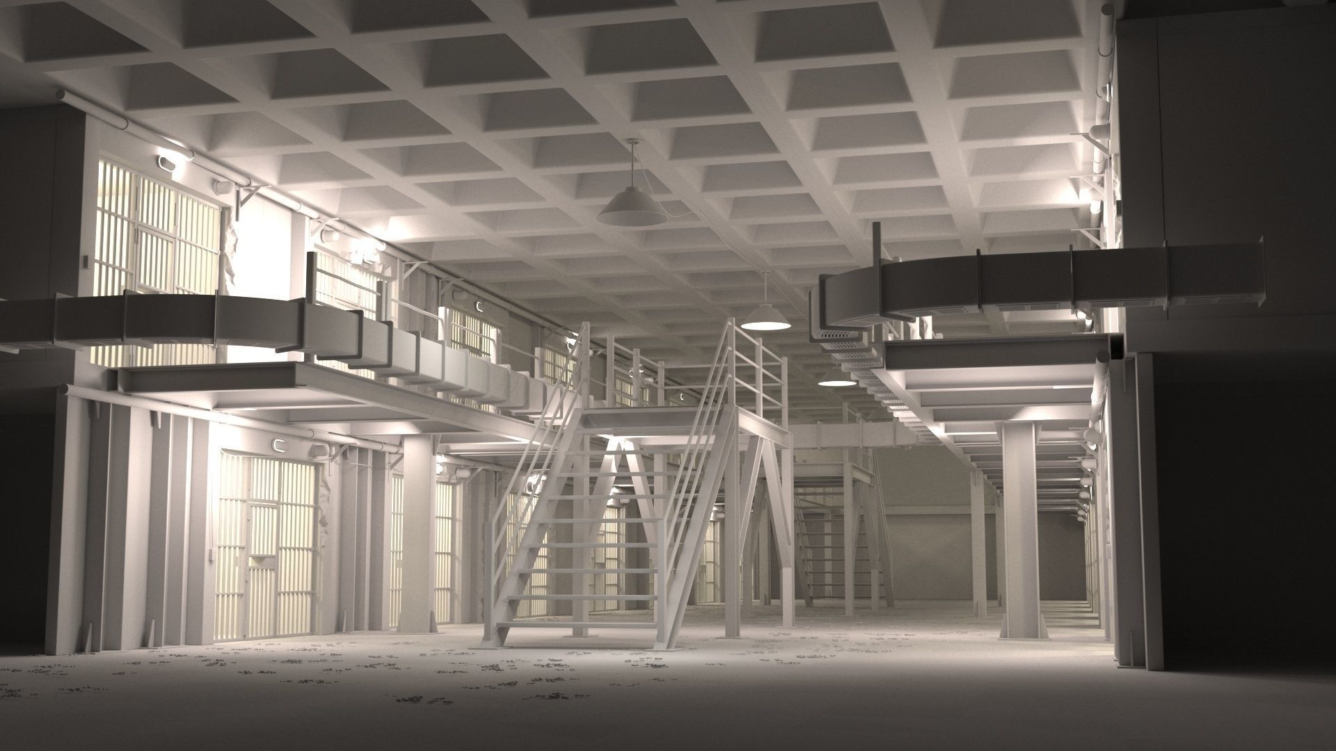Prision prison cell with stairs leading up to it 3D model_4
