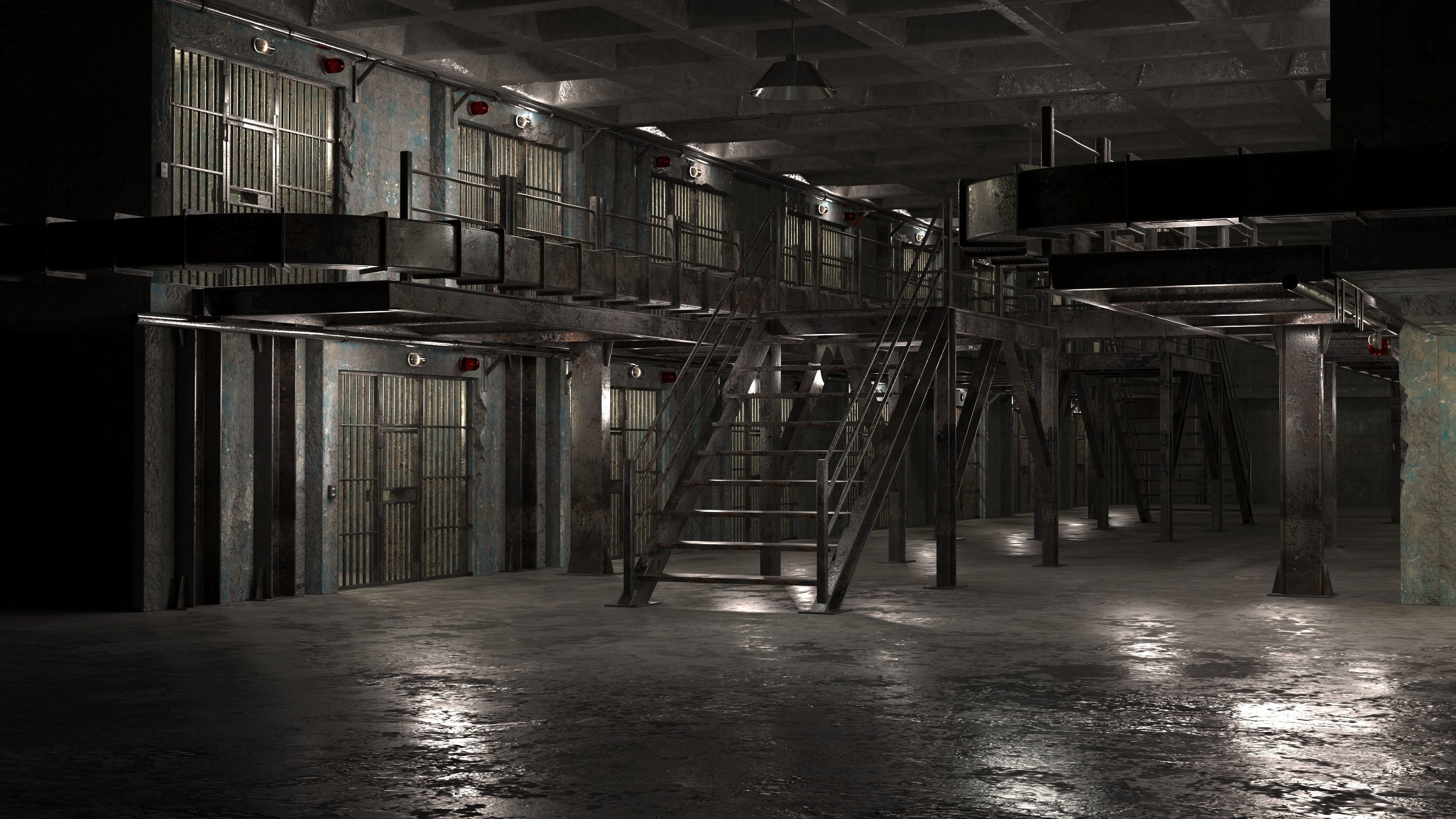 Prision prison cell with stairs leading up to it 3D model_2