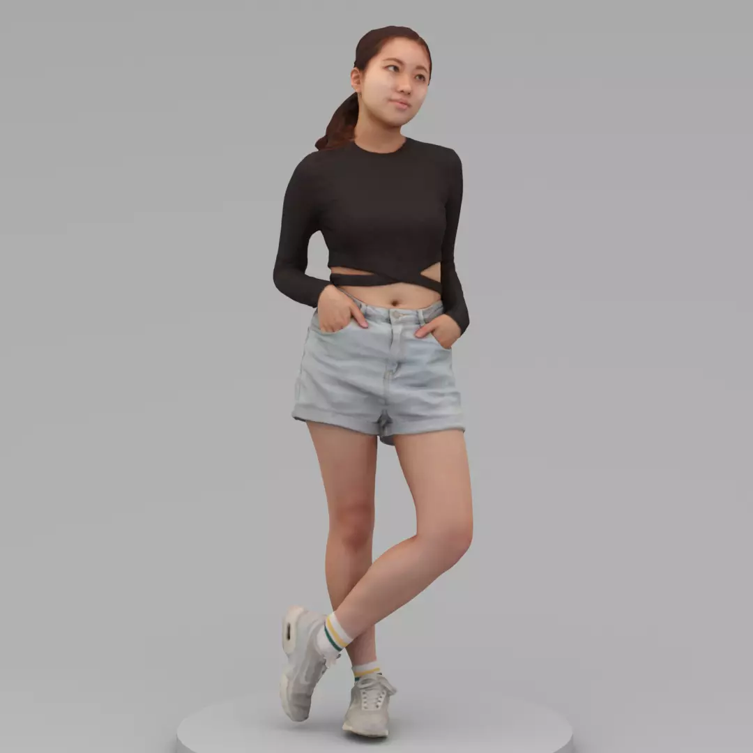A Young Woman Posing with Hands in Pockets 3D model_0
