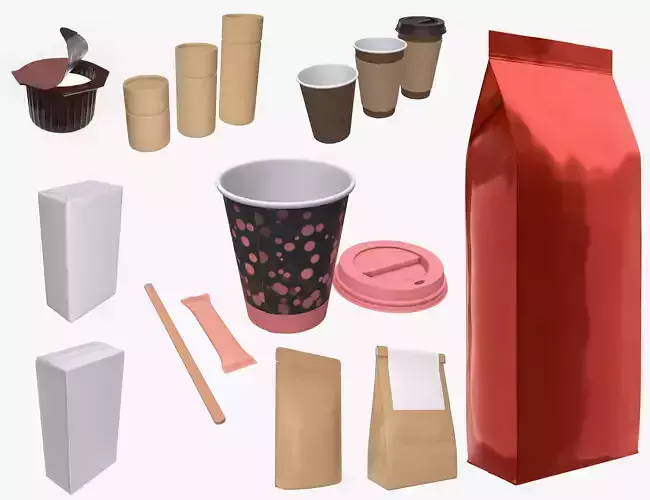 Coffee pack cup lid paper packaging sugar sachet foil bag sticks 3D Model Collection