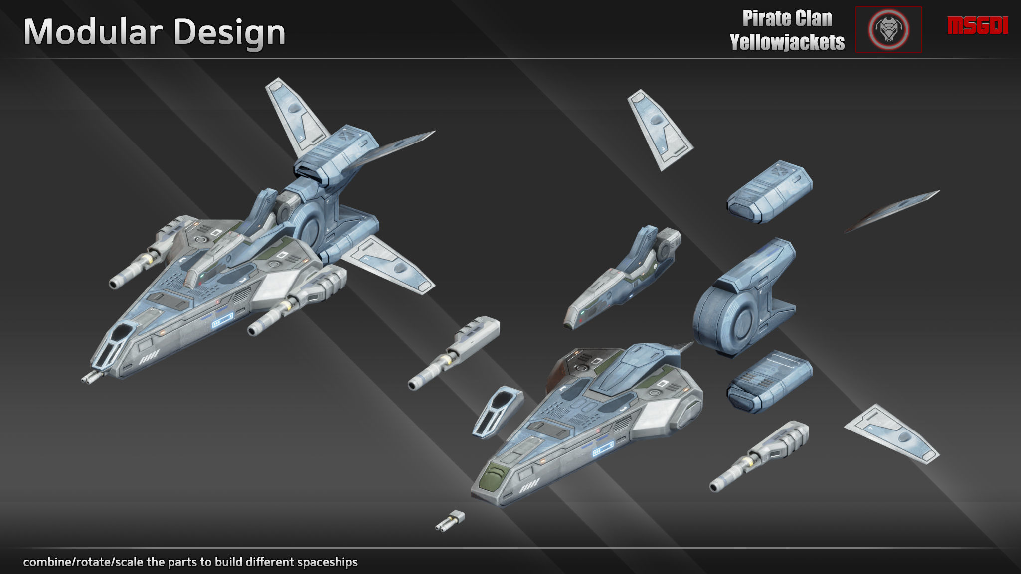 Spaceship Yellowjackets Modular Fighter Kit Low-poly 3D model_8