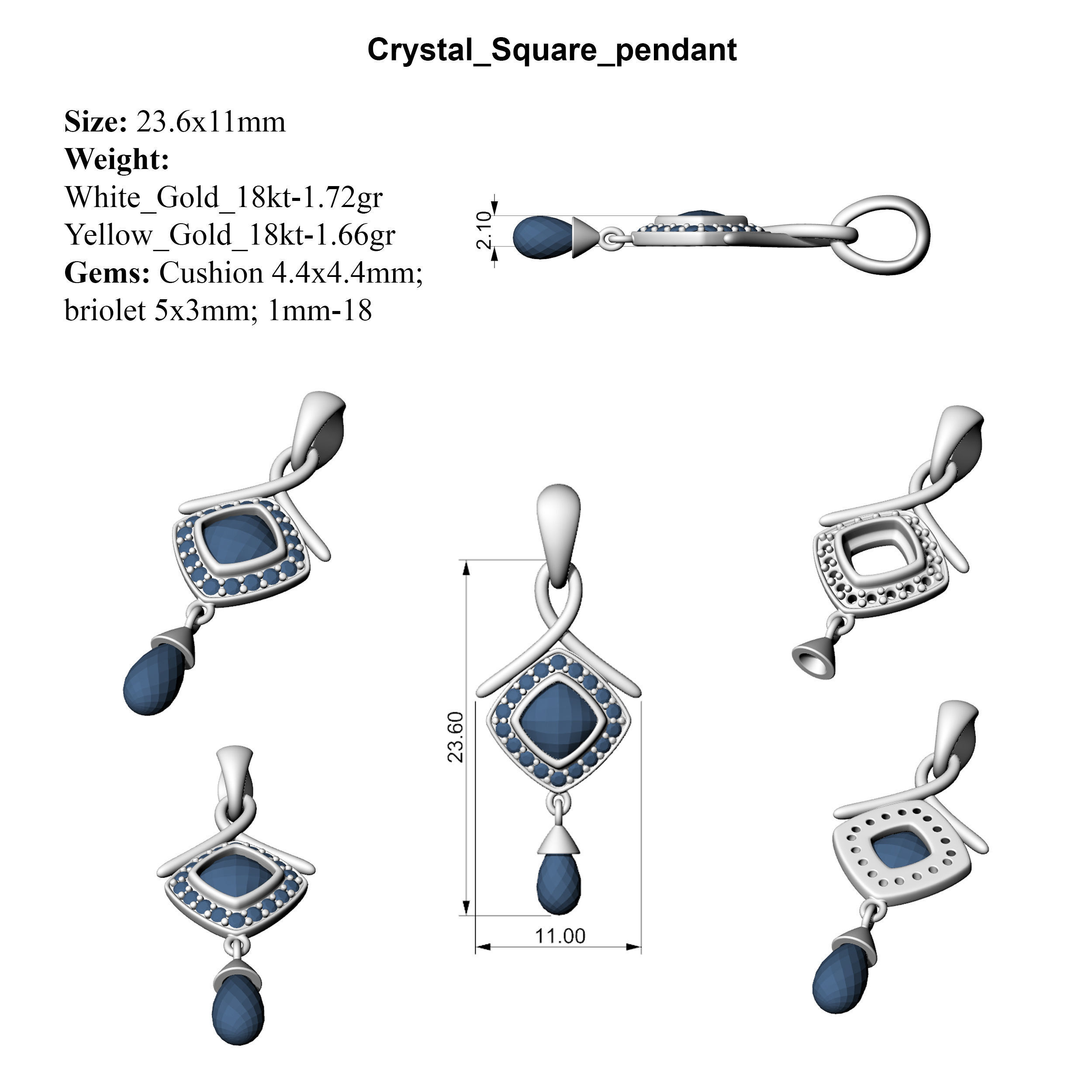 Crystal Square pendant 3D print model_6
