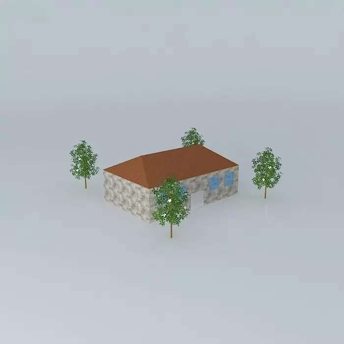 One storey house with trees Free 3D model_0