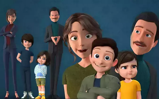 CARTOON FAMILY - Mother Father Daughter Son Low-poly 3D model