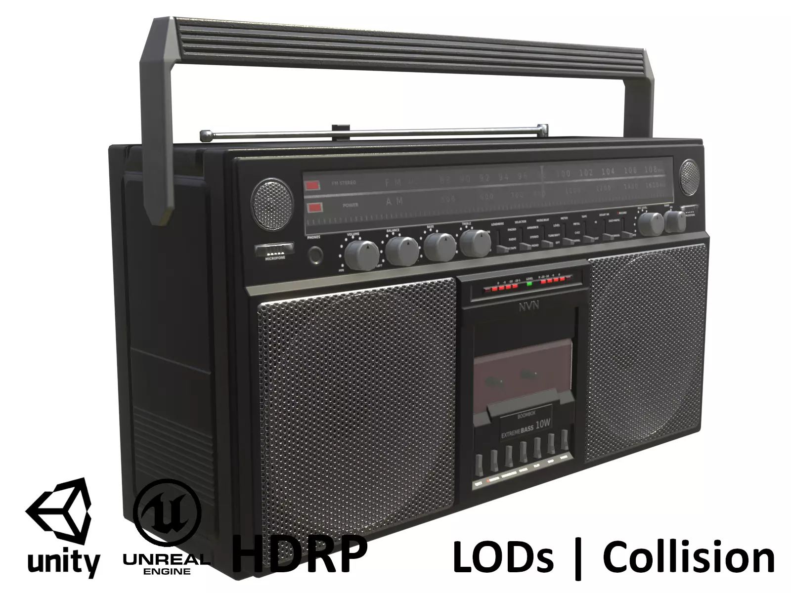 Game-ready Retro Boombox Black - Unity - HDRP - UE4 Low-poly 3D model_0