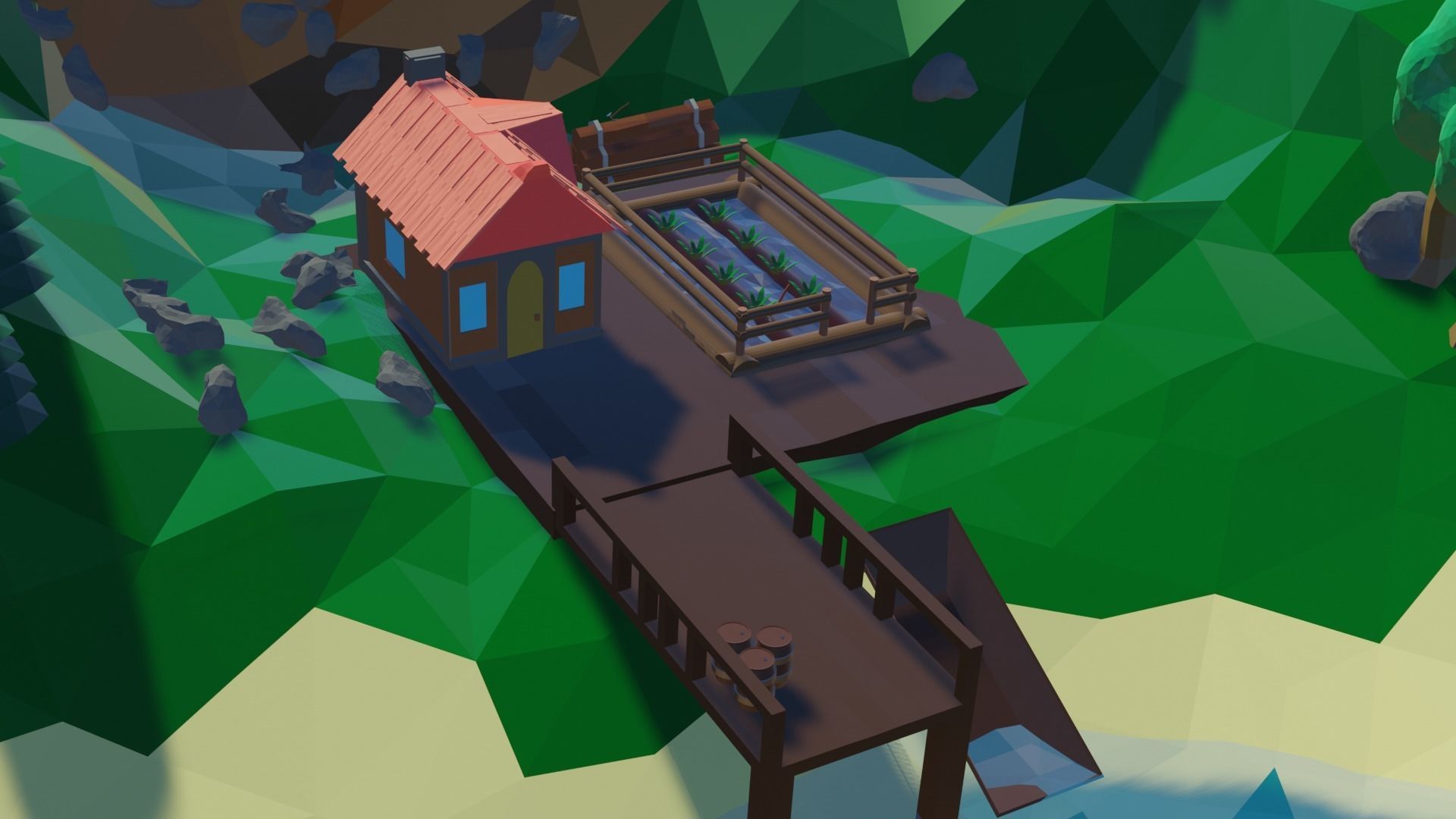 low poly terrain island with trees and lake 3D print model_2