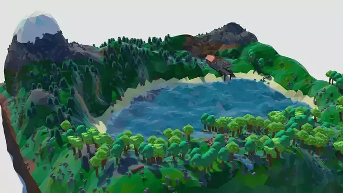 low poly terrain island with trees and lake 3D print model