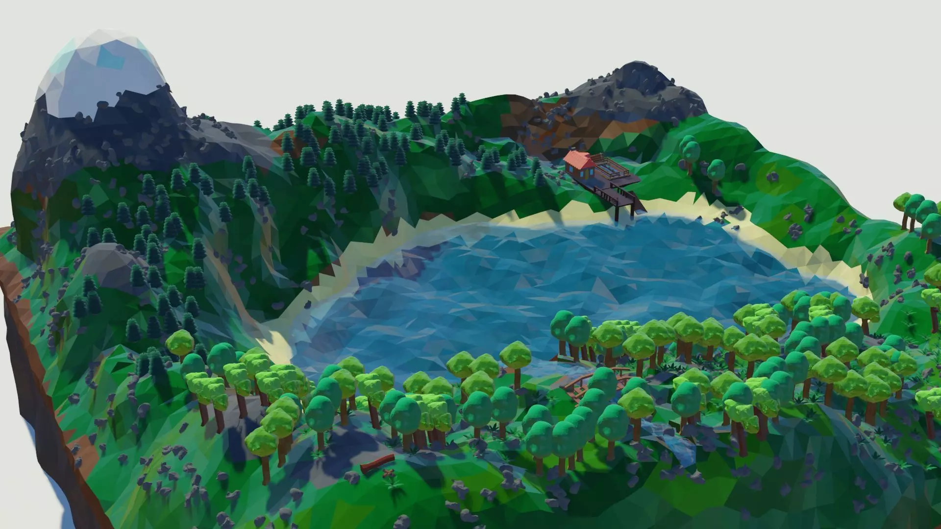 low poly terrain island with trees and lake 3D print model_0