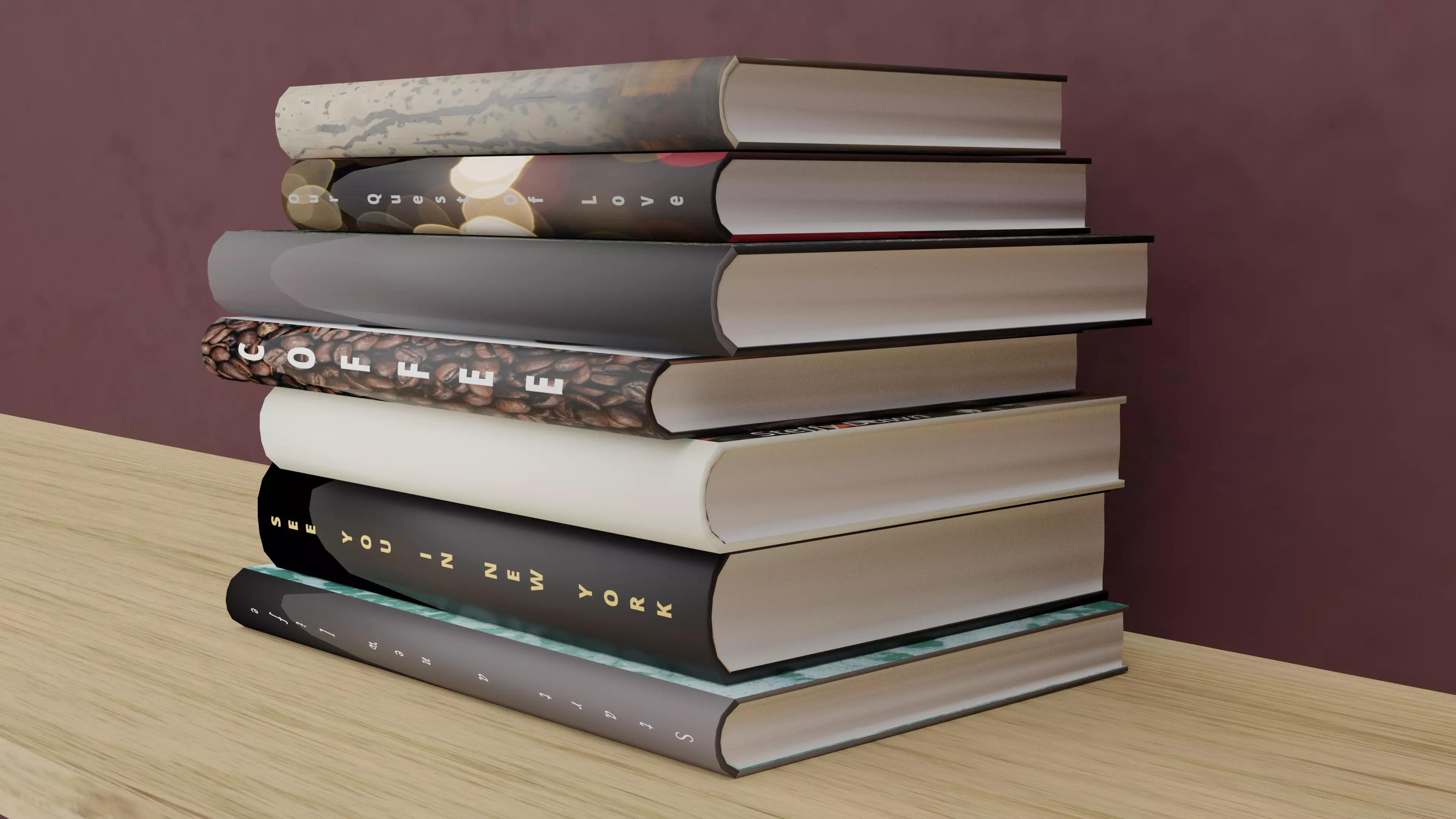 Books stack of on wooden table Free 3D model_0