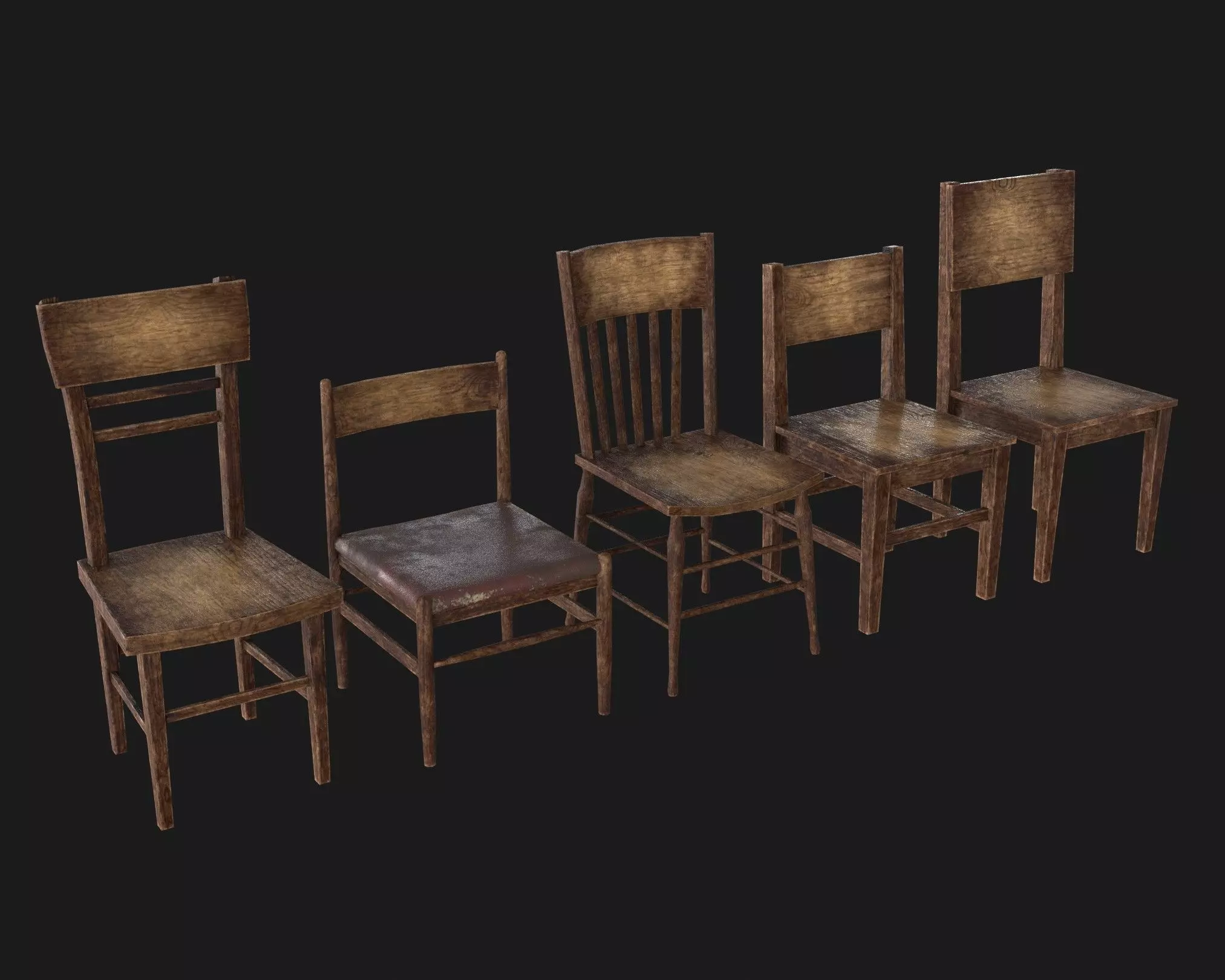 Old Wooden Chair Pack Low-poly 3D model_0