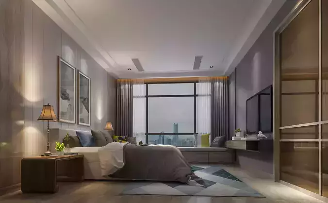 bedroom modern with wooden floors and city