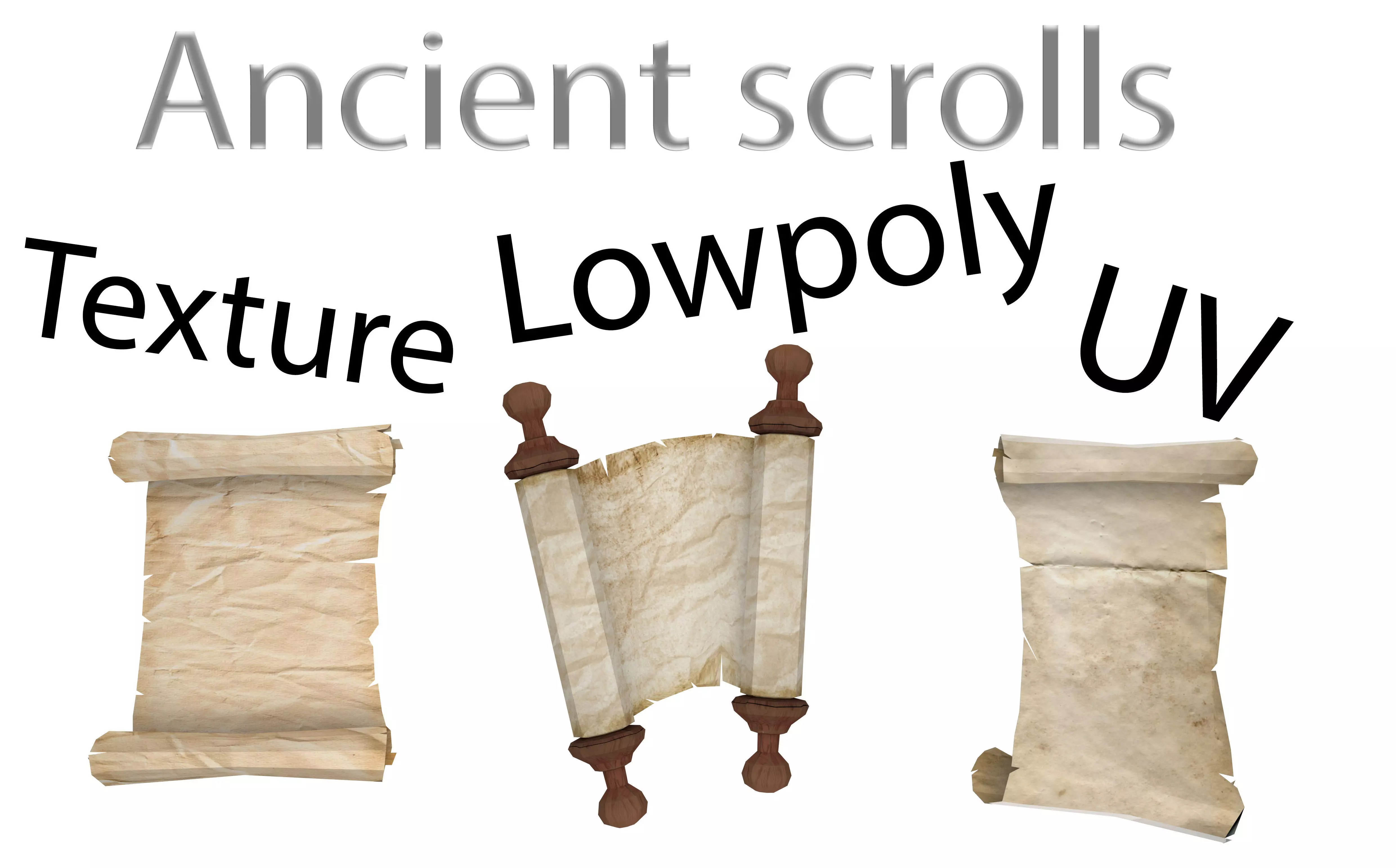  Antique scroll of parchment in three versions with scuffs Low-poly 3D model_0