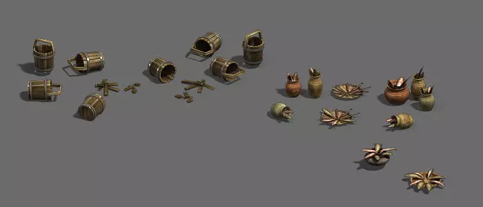hing tools - animal bones - casks - fishing nets 3D model_0